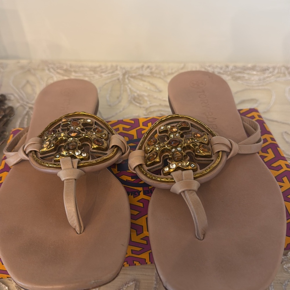 Tory Burch  MillerGold Tan Sandals with Medallion jewels - Picture 13 of 13